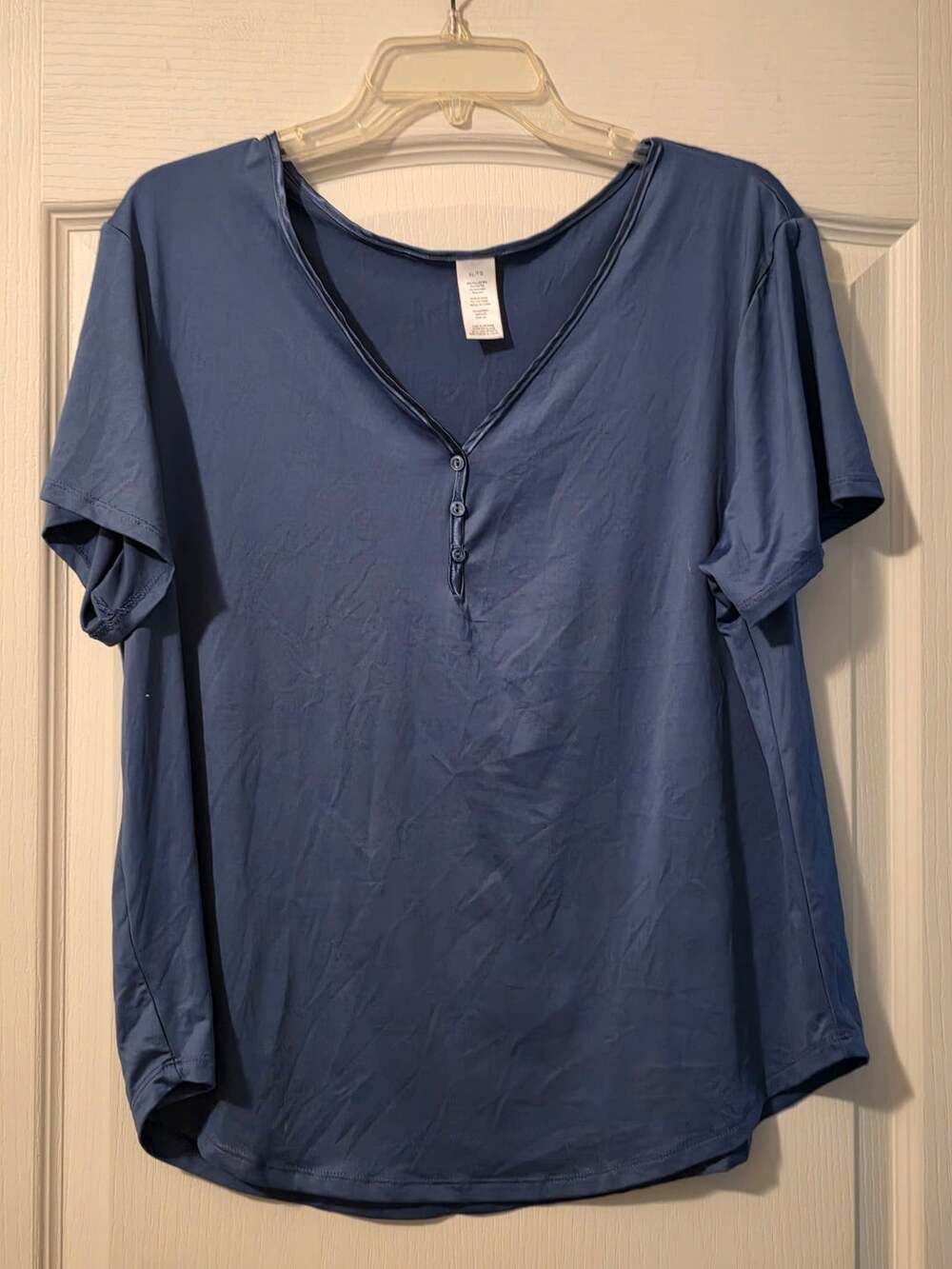 Woman Within Perfect V-Neck Shirt Size XL Steel Blue Henley Satin Trim